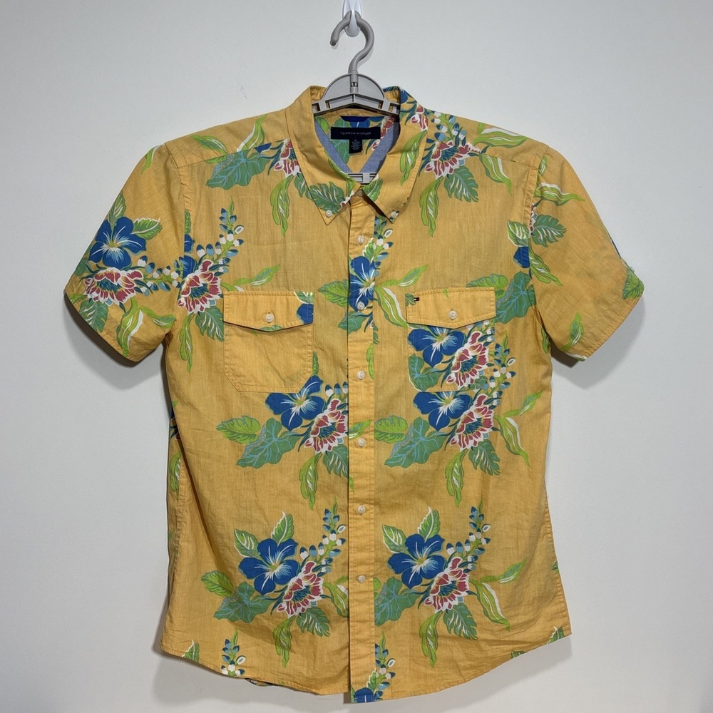 Tommy Hilfiger Shirt Yellow Hawaiian Vacation Floral Button Up Mens XL Slim Fit